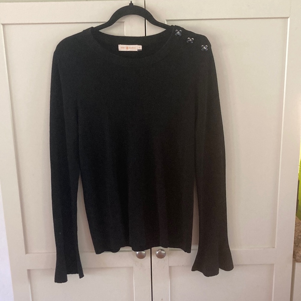 Tory Burch Black Sweater w/Blue Crystal Flowers on Shoulder; Size Large